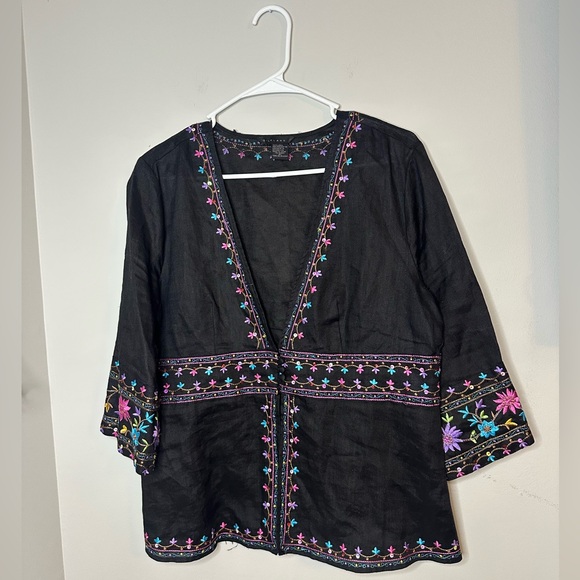 SilkLand Tops - SilkLand Linen Black Blouse with Multicolor Embroidery Womens size X-LARGE